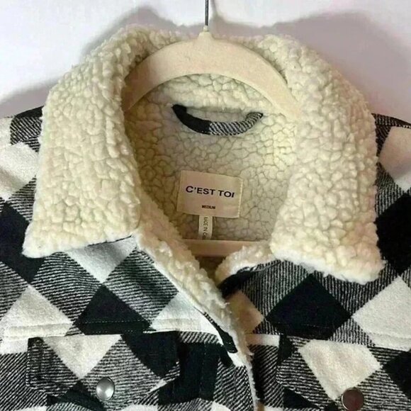C'EST TOI BUFFALO CHECK PLAID BLACK WHITE JACKET WITH SHERPA LINING SIZE‎ MEDIUM - Picture 4 of 8